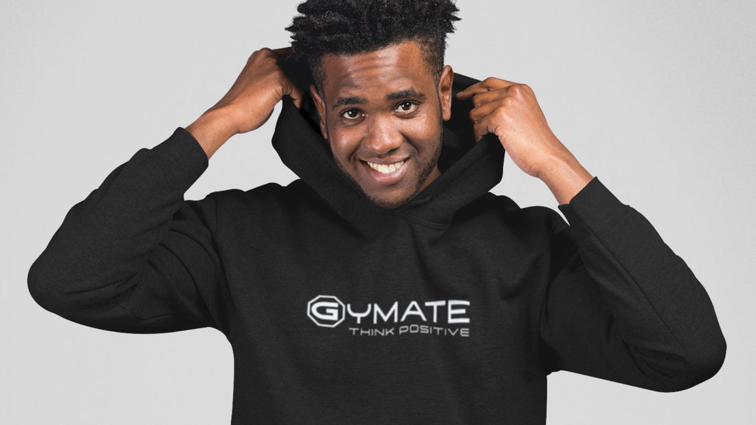 Black designer hoodie with white gymate logo