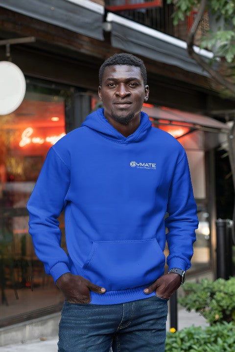 Royal blue gymate small logo mens hoodies