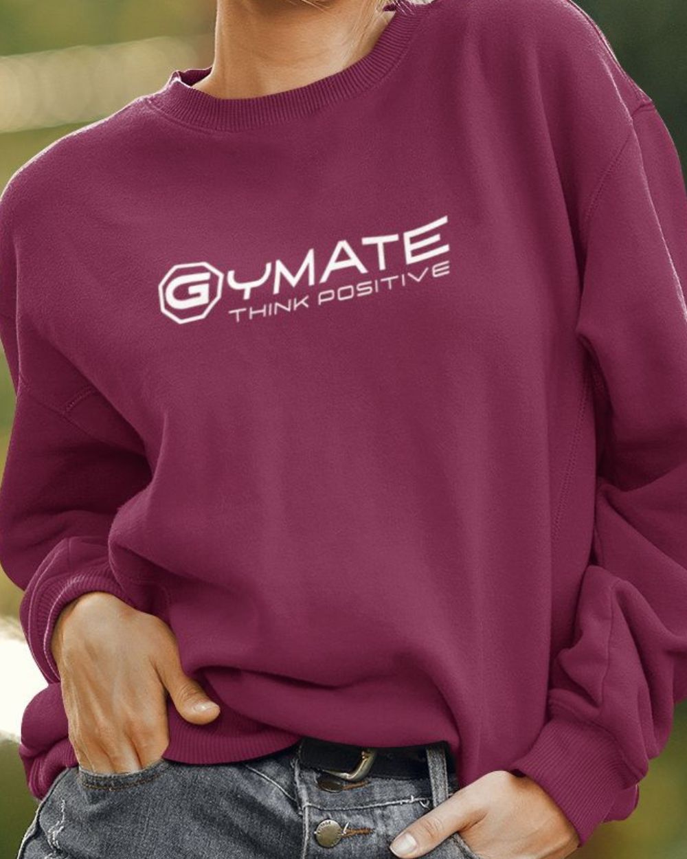 burgandy Designer Womens Sweatshirts close up Gymate logo