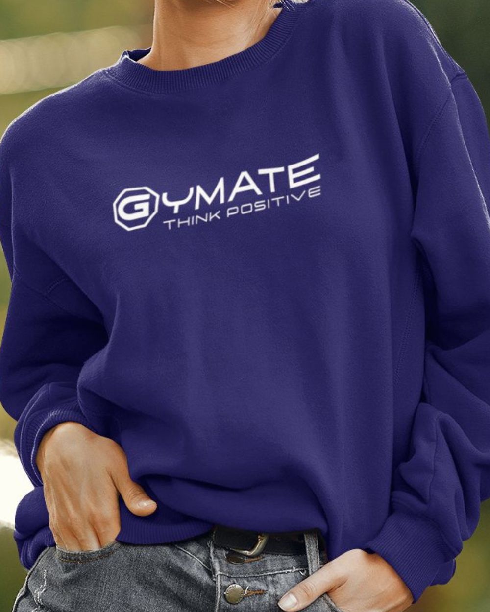 navy blue Designer Womens Sweatshirts close up Gymate logo