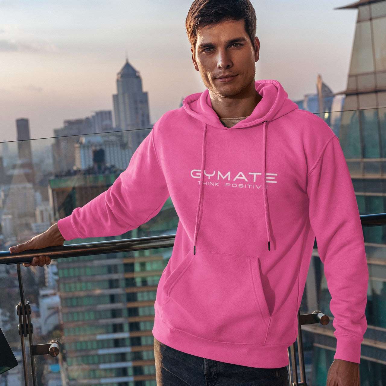 Mens Pink Hoodies Designer Gymate Original Think Positive ctr lge pink