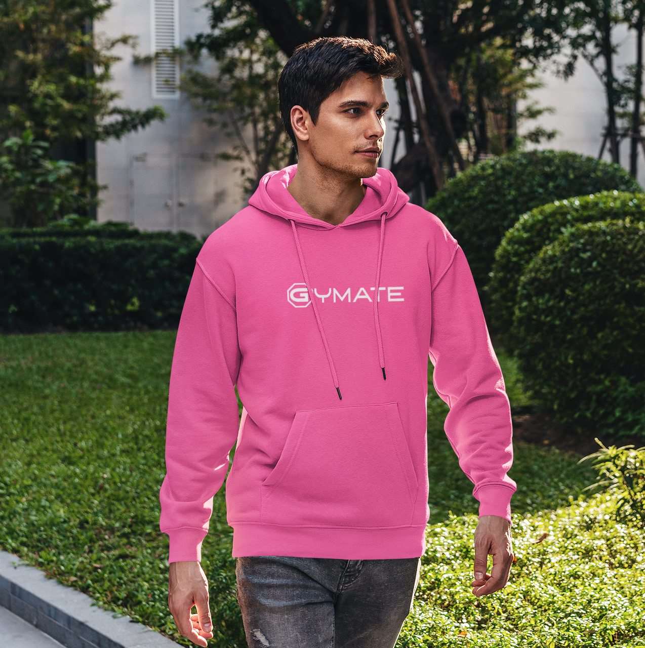 Mens Pink Hoodies Designer Gymate large logo [ctr] | Athleisure pink