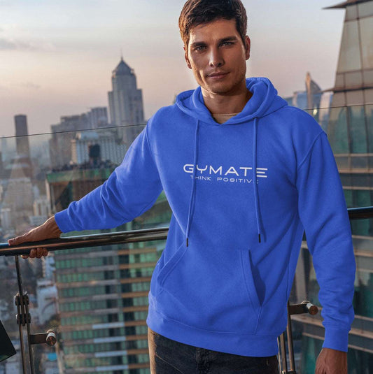 Blue Hooded Sweatshirt for Men with Gymate's Designer Original Think Positive logo