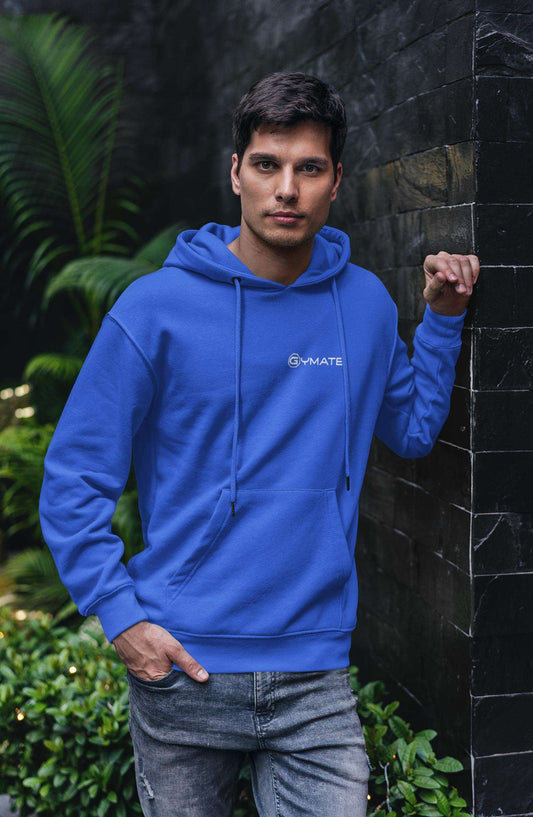 Mens blue Hoodies Designer Gymate logo chest Athleisure or Activewear royal blue