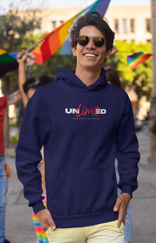 Navy blue Positivity Hoodie with great Unlimited Graphic logo for inspiration