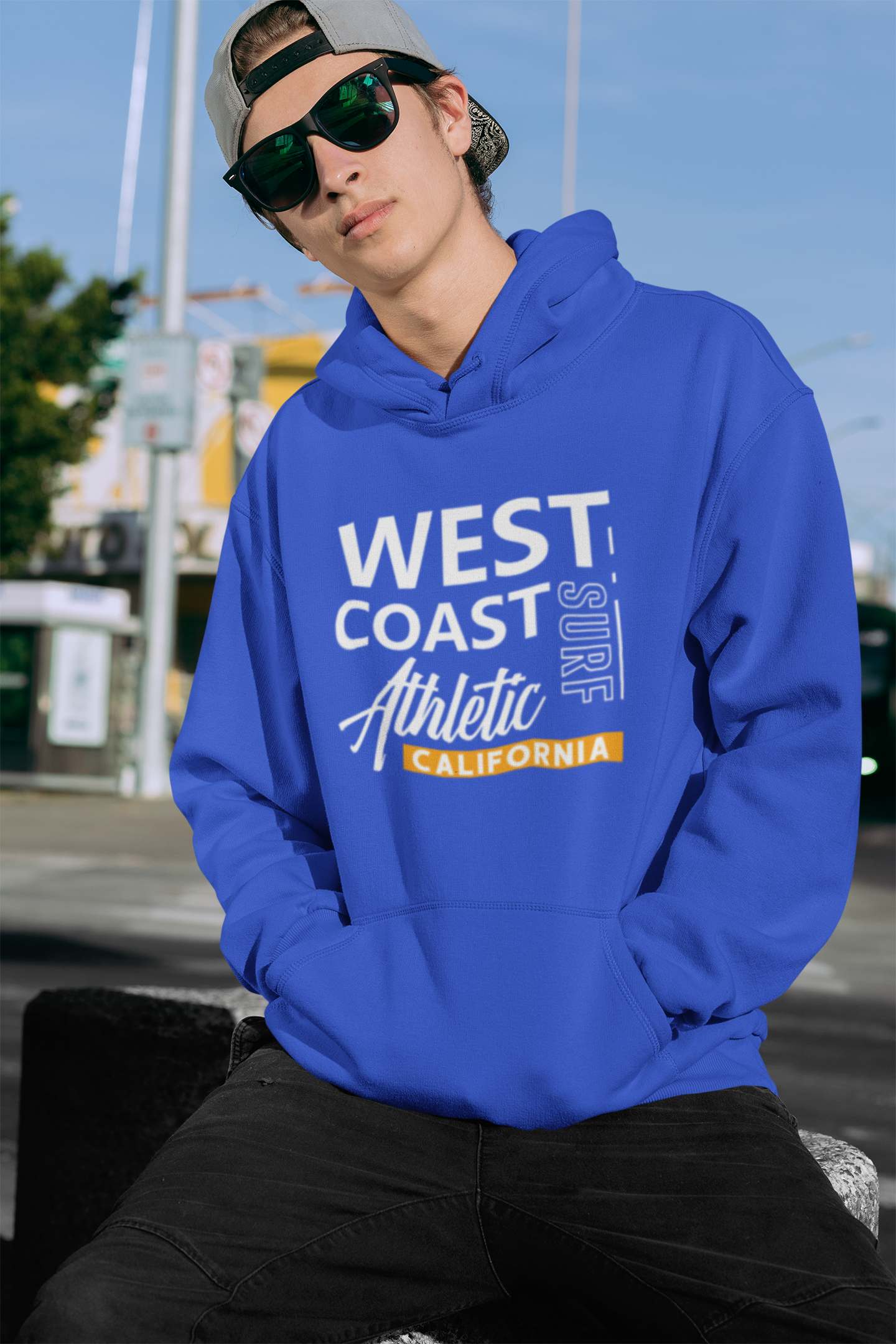 royal blue Sports Hoodies Mens with a West Coast Athletic Design graphic