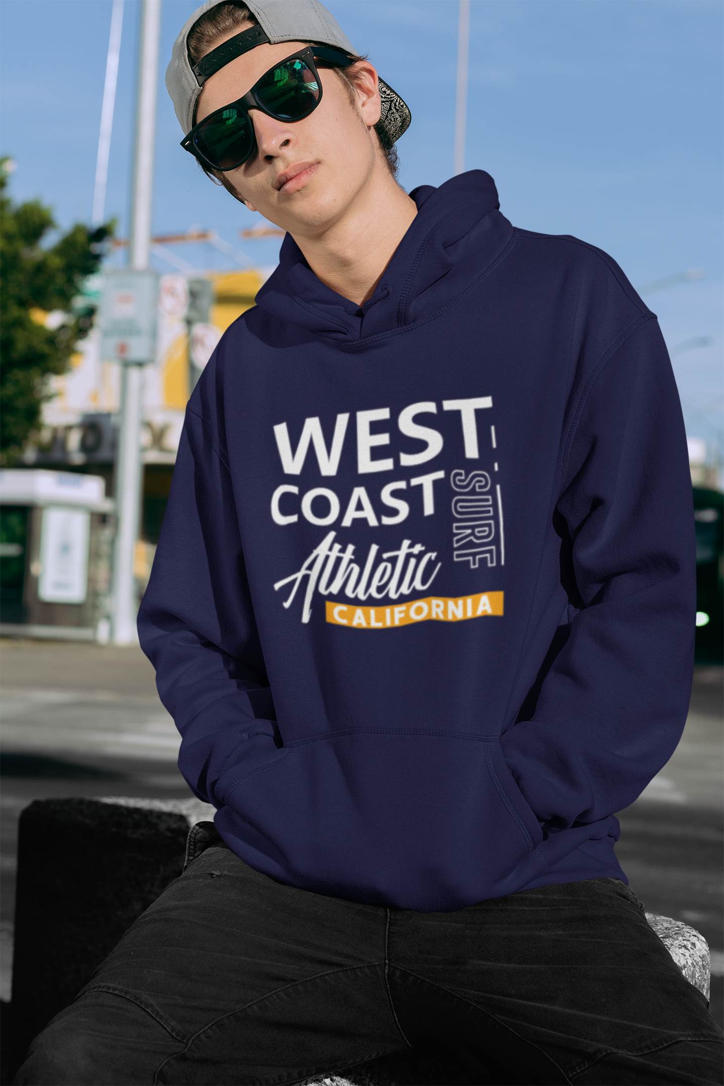 navy blue Sports Hoodies Mens with a West Coast Athletic Design graphic