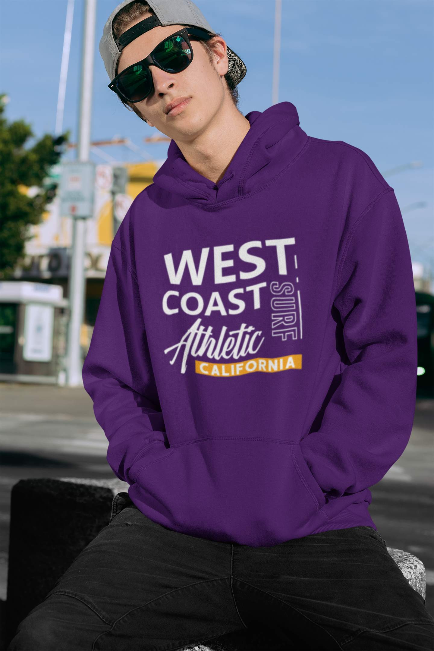 purple Sports Hoodies Mens with a West Coast Athletic Design graphic