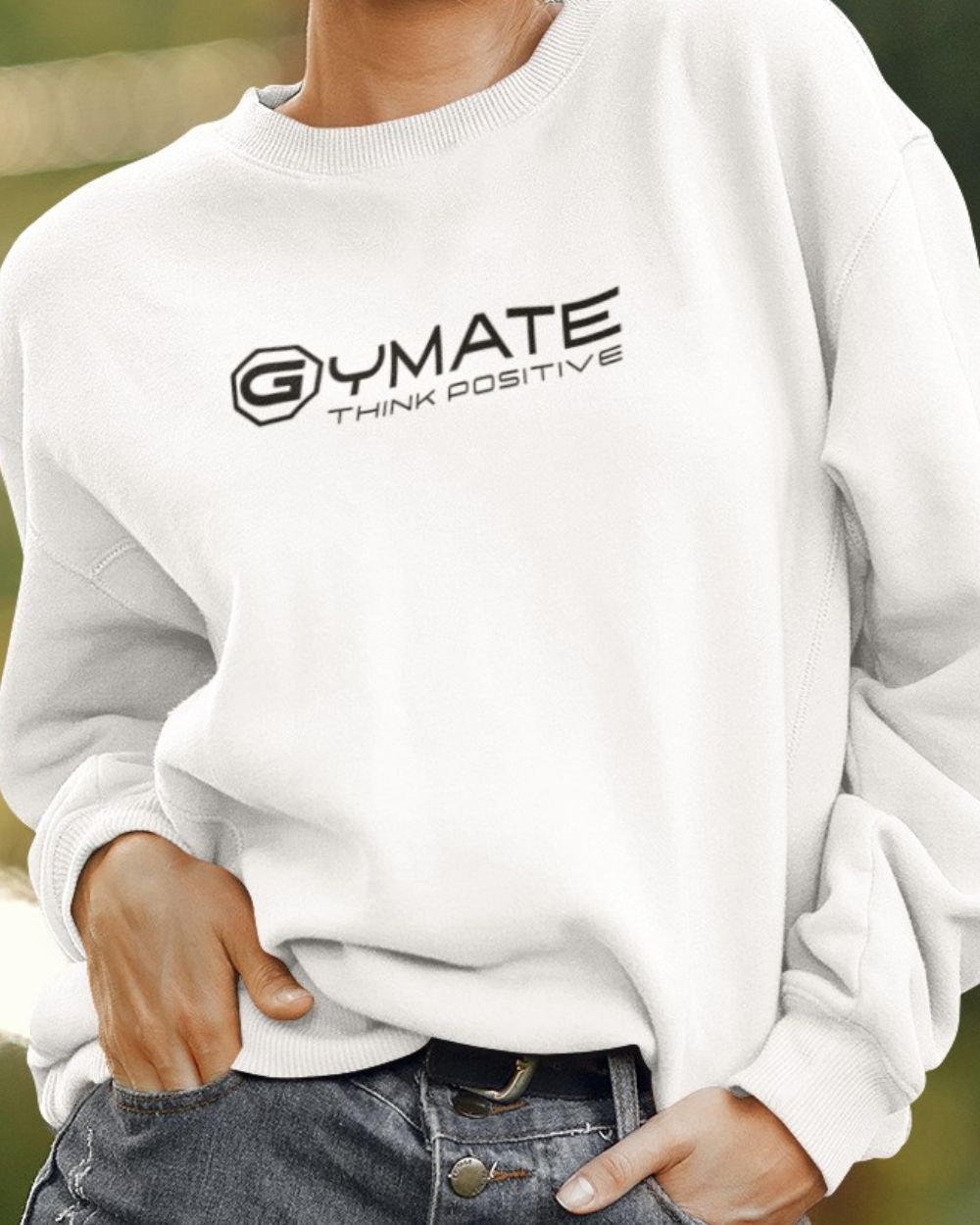 white Designer Womens Sweatshirts close up Gymate logo